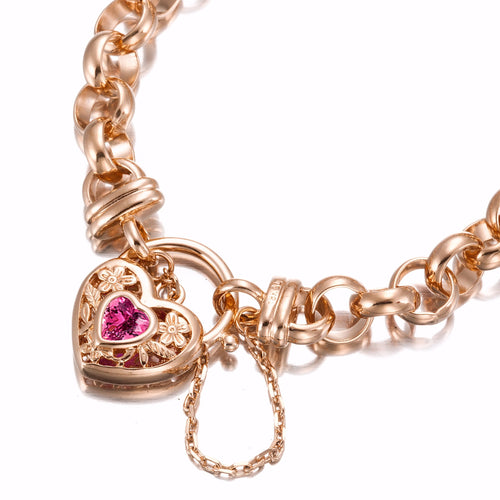 18ct Heavy Rose Gold Plated 10mm Belcher Chain Bracelet with a Pink Filigree Locket - USA Made